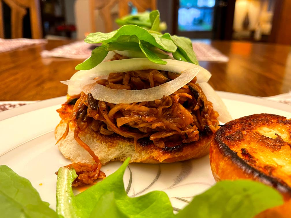 Mushroom pulled pork sandwich